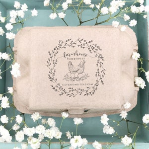 Egg Carton Stamp | Farmhouse Happiness Floral Nesting Hen | Hand Drawn Farmhouse Happiness Wreath Design | Label Farmers Market Eggs | C02