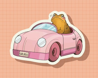 Peut inclure: Une voiture jouet rose avec un conducteur grenouille. La voiture a une plaque d'immatriculation qui dit "GRLBSS".