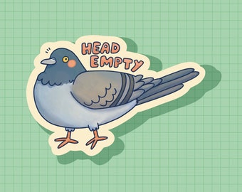 Op de afbeelding: Een cartoonillustratie van een grijze duif met oranje ogen en de tekst "HEAD EMPTY" erboven.