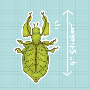 May include: A green insect sticker with a segmented body and long, thin legs. The sticker is on a blue and white grid background with the text "4"" Sticker!" written vertically on the right side of the image.