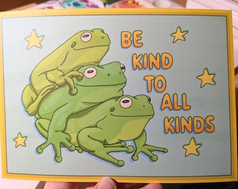 Be Kind to All Kinds Frog Stack Art Print 5x7in