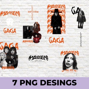 Puede incluir: Un conjunto de 7 diseños digitales con el texto "Mayhem" y "Gaga" en una fuente naranja en negrita. Los diseños presentan varias imágenes de Lady Gaga, incluyendo un primer plano de su rostro, una toma de cuerpo completo y una silueta. Los diseños son perfectos para crear camisetas, fundas para teléfonos, bolsas de mano y otras mercancías.