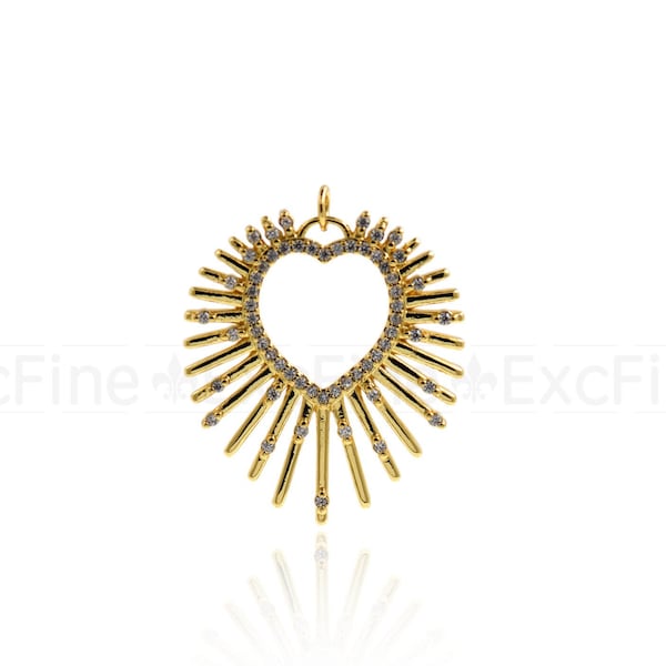 CZ Heart Shaped Sun Ray Pendant-Sunburst Pendant- Sun Charm Jewelry-Gift For Her