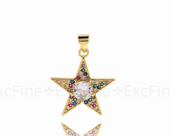Colorful Zircon Star Pendant, CZ Brass Star Charm, Gold Star Charm, DIY Jewelry Making Accessories, 21x20mm