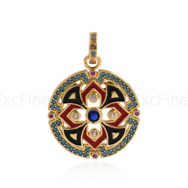 Exquisite 18K Enamel Disc Necklace Pendant, Zircon Charms, DIY Jewelry Making Accessories