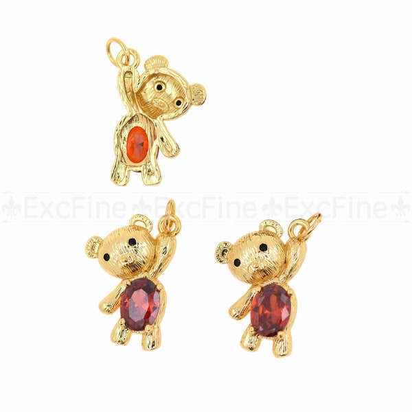 Brass Set Ruby Bear Pendant, Animal Jewelry for DIY Jewelry Supply, 21x14mm