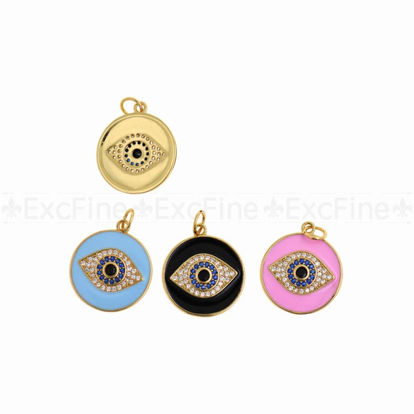 18K Gold Plated Evil Eye Pendant with Diamonds, Enamel Round Disc Evil Eye Pendant, DIY Jewelry, 17.5mm