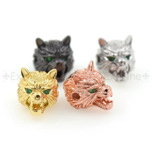 Wolf Head Beads,Green Eyes Animal Jewelry,Fashion Cubic Zirconia Beads Wholesale 11X11mm