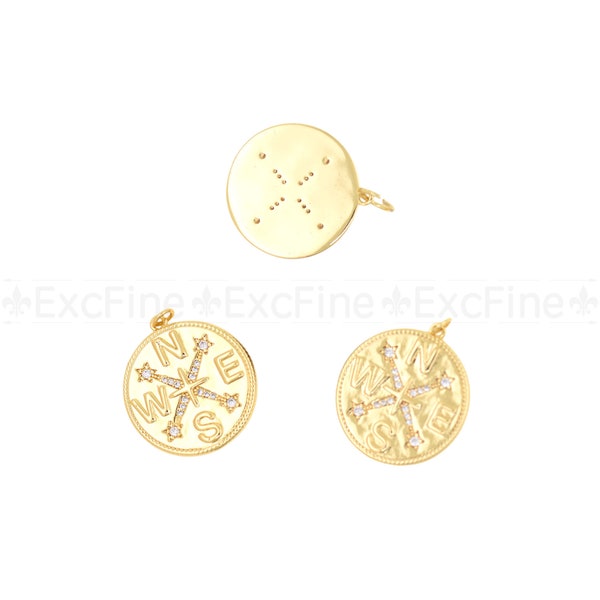 Brass Gold Plated Diamond Compass Pendant, Round Compass Pendant for DIY Jewelry Supply, 25mm