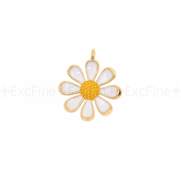 18K Filled Gold Enamel Daisy Pendant, Daisy Charm, Floral Charm, Garden Jewelry, 20mm