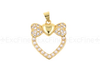 Brass Gold Plated Heart Pendant with Diamonds, CZ Micro Pave Heart Pendant, Love Charm, 22x20mm