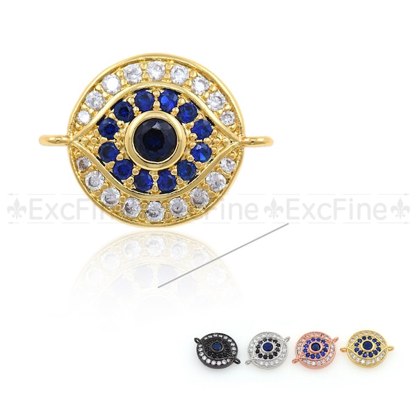 18K Gold Plated CZ Evil Eye Connector,Turkish Evil Eye Good Luck Charm,Handmade Materials 18x13mm