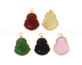 Brass Gold Plated Jade Buddha Pendant, Laughing Buddha Charm, Religious Jewelry, 23x19x6.5mm