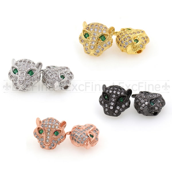 Green Eyes Leopard Spacer Perles, Perles de zircone cubiques claires, charme de tête de panthère 11X11X6mm