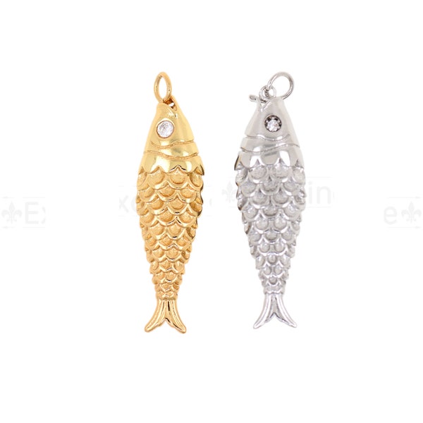 Active Fish Charm 18K Gold Plated, 18K Gold Vermeil Style Fish Pendant, Fish Charm for Bracelet Necklace  37x11x6.5mm
