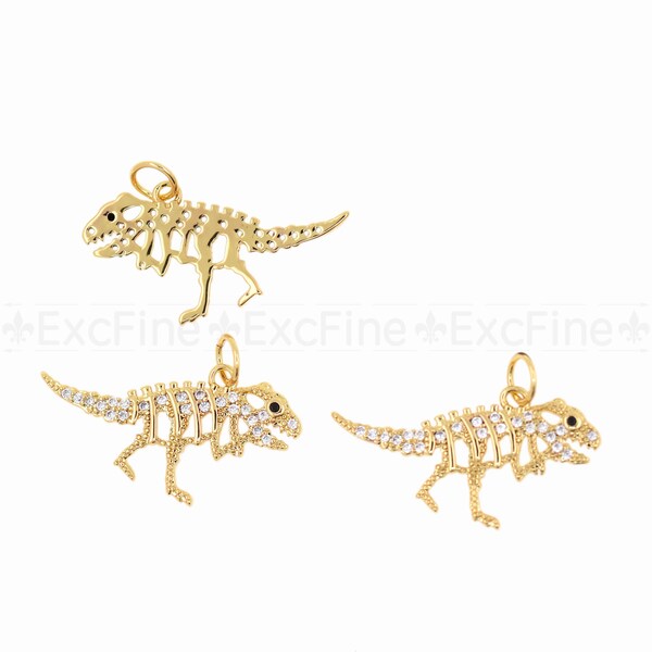 CZ Micro Pave Dinosaur Pendant, 18K Gold Plated Dinosaur Pendant with Diamonds, Paleontology Lover, 25x13mm