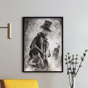 Pode incluir: Uma pintura de aquarela em preto e branco de uma pessoa usando um chapéu-coco e um casaco comprido. A pintura é emoldurada e pendurada em uma parede branca.