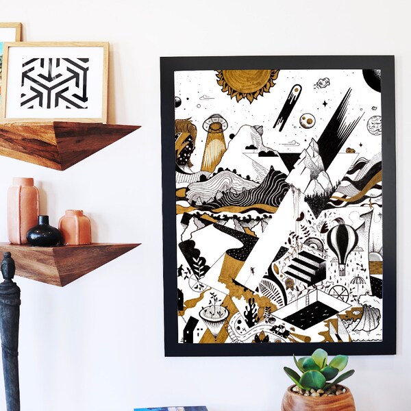 Drawing poster "graphic and planet" in limited edition for wall decoration, A2 format