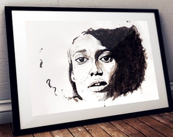 drawing in Indian ink portrait of woman in limited edition for wall decoration, A2 format