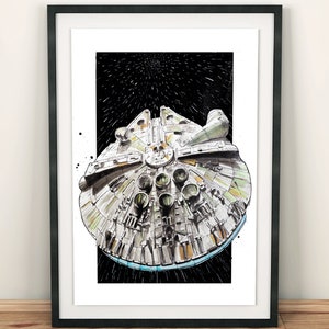 Peut inclure: Une peinture à l'aquarelle du vaisseau spatial Millennium Falcon de Star Wars, volant dans l'espace. Le vaisseau spatial est représenté en détail, avec son design et ses caractéristiques emblématiques. L'arrière-plan est un ciel étoilé noir, avec des traînées de lumière représentant la vitesse du vaisseau.