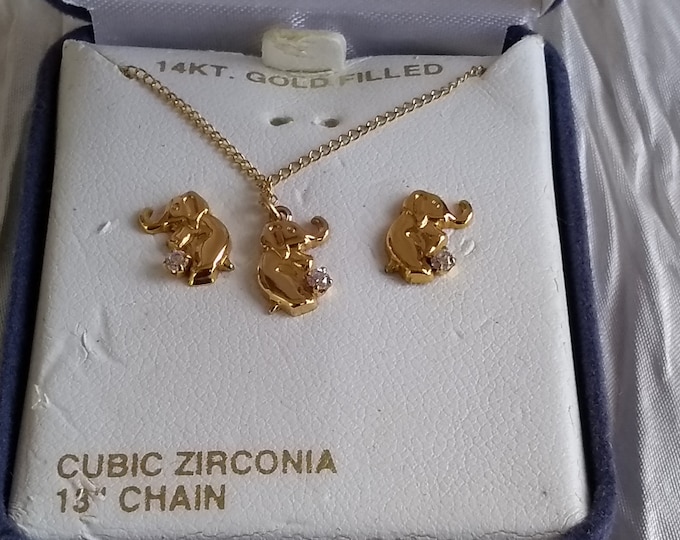 Elephant Necklace and Earring Set of 14K Gold Filled with Cubic Zirconia Gemstones