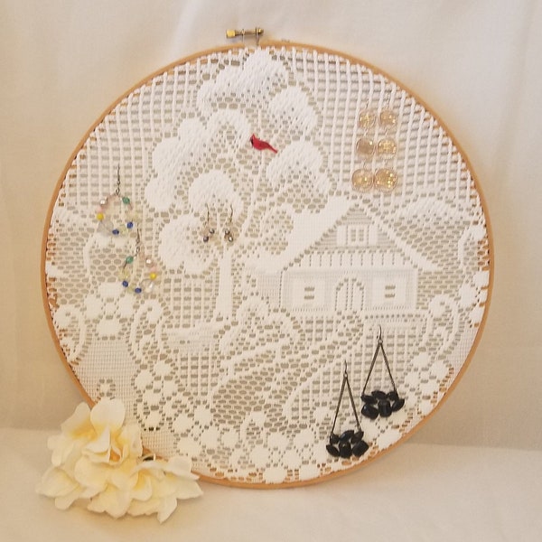 Large Embroidery Hoop, Jewelry Organizer, Country Wall Art Framed, Lace Doily Art Earring Display Farmhouse Decor, Jewelry Gift for Her