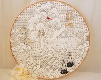 Large Embroidery Hoop, Jewelry Organizer, Country Wall Art Framed, Lace Doily Art Earring Display Farmhouse Decor, Jewelry Gift for Her