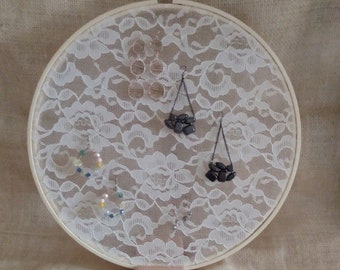 Vintage Jewelry Rack, Lace Pin Hoop, Fabric Earring Holder, Retro Earring Display Stand, Floral Lace, Embroidery Hoop Organizer, Gift  Women
