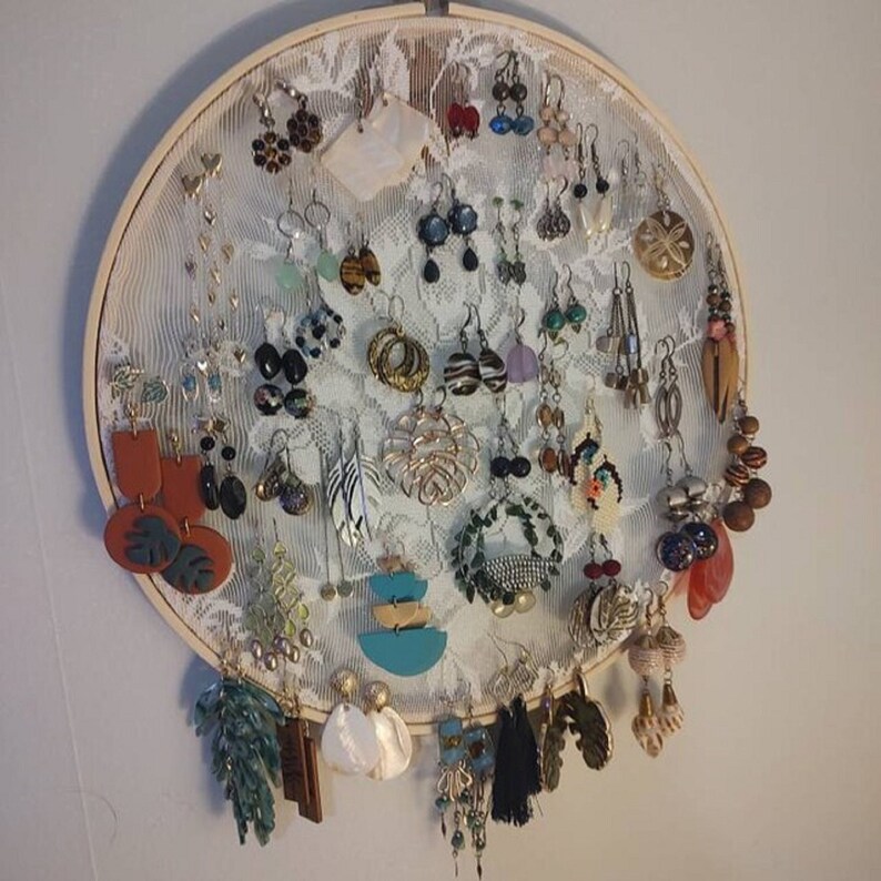Vintage Jewelry Rack, 12 Fabric Earring Holder, Retro Earring Display Stand, Vintage Lace, Embroidery Hoop Organize, Women's Jewelry Gift