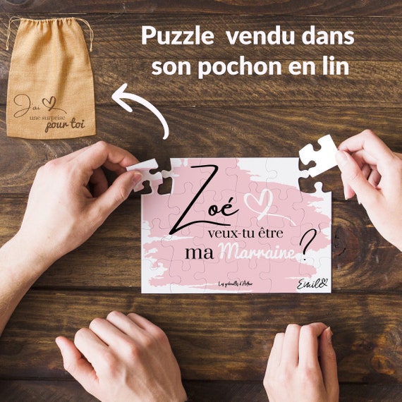 Puzzle De 15 Piezas Para Pedir A La Madrina – Anuncio Original Y Emotivo De Nacimiento O Bautizo, Con Sobre De Papel Kraft Y Bolsa De Algodón, Fabricado En Francia