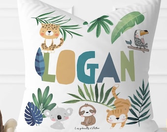 Coussin personnalisé / Décoration chambre d'enfant / jungle / animaux / Décoration chambre / Housse personnalisée