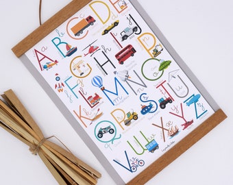Abécédaire enfant, affiche alphabet véhicules, affiche décorative chambre d'enfant