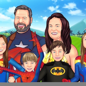 Retrato de quadrinhos de super-heróis personalizados da família a partir de sua foto
