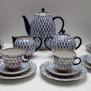 Lomonosov porcelain cobalt set, LFZ, 22K Gold Cobalt Net, Cobalt Net  Lomonosov porcelain, good vintage condition, Mothers day gift.