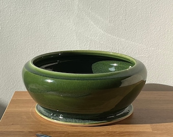 Ceramic Planter with Drainage/ Ceramic Planter/ Green Planter with Drainage/ Wheel Thrown Planter/ Built In Water Tray Planter