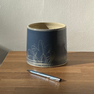 Ceramic Utensil Holder/ Handmade Utensil Holder/ Hand Carved Utensil Holder/ Wheel Thrown Ceramic Utensil Holder/ Blue Utensil Holder