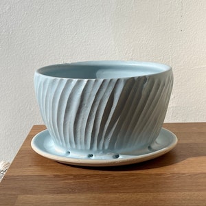 Ceramic Planter with Drainage/ Hand Carved Ceramic Planter/ Light Blue Planter with Drainage/ Blue Planter with Drainage/ Drainage Planter