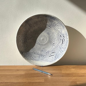 Large Ceramic Bowl/ Carved Ceramic Bowl/ Handmade Bowl/ Stoneware Bowls/ Dishwasher Safe Bowls/ Blue Ceramic Bowls/ White and Blue Ceramic