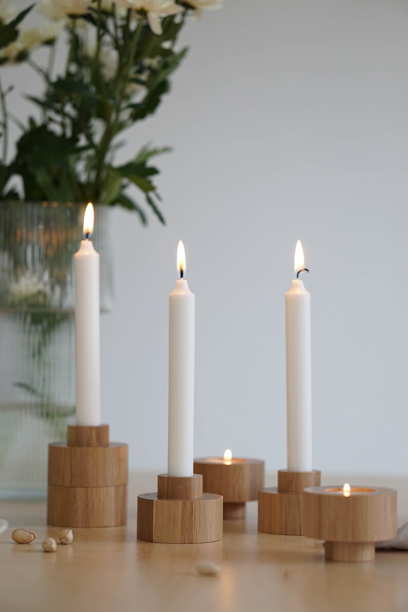 Modern Oak Wood Taper Candlestick Set Scandinavian Candle Etsy