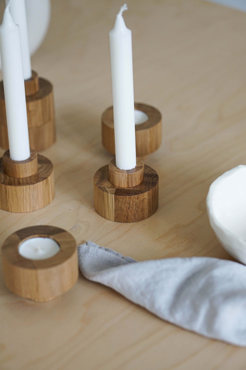 Modern Oak Wood Taper Candlestick Set Scandinavian Candle Etsy