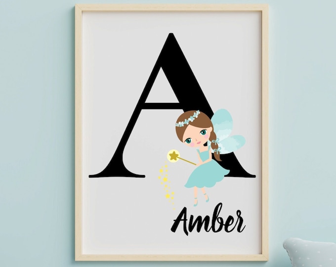 Personalized Gifts, Printable Wall Art Monogram A, Nursery Room Decor Monogram, Girls Room Wall Decor Letter A With Fairy & Stars