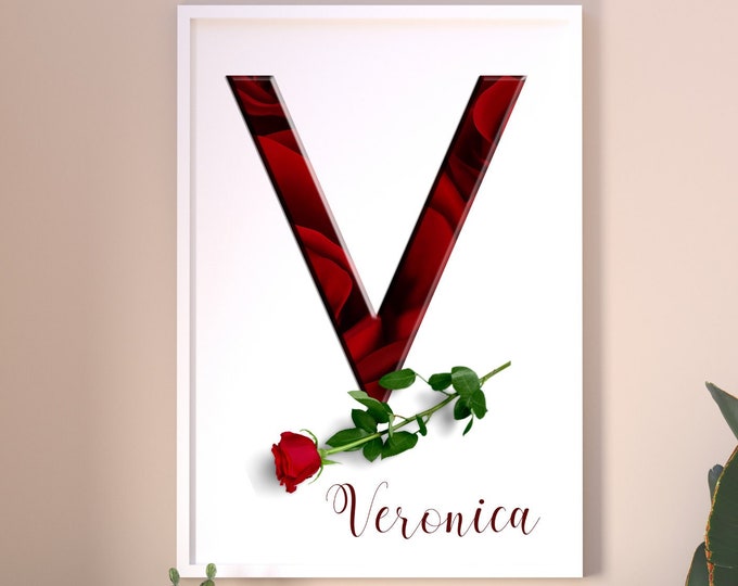 Letter V Printable Art, Monogram V, Home Decor, Custom Names, Personalized Gifts, Floral Rose Letter V, Monogram Rose V Instant Download