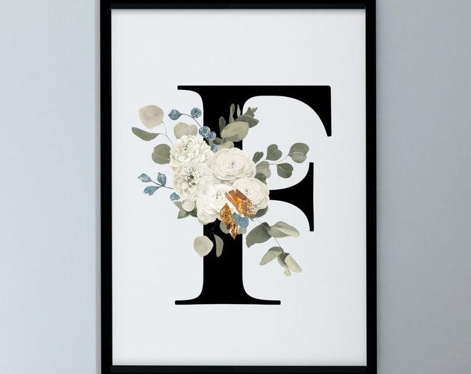 Printable Wall Decor Monogram F, Floral Letter F, Wall Hanging, Alphabet F Digital Print, Letter F Instant Download, Floral F Home Decor