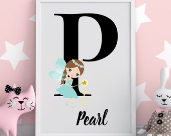 Monogram Initial P with Fairy and Star Dust, Girls Bedroom Wall Art, Digital Print, Printable Wall Decor, Personalized Gifts for Her