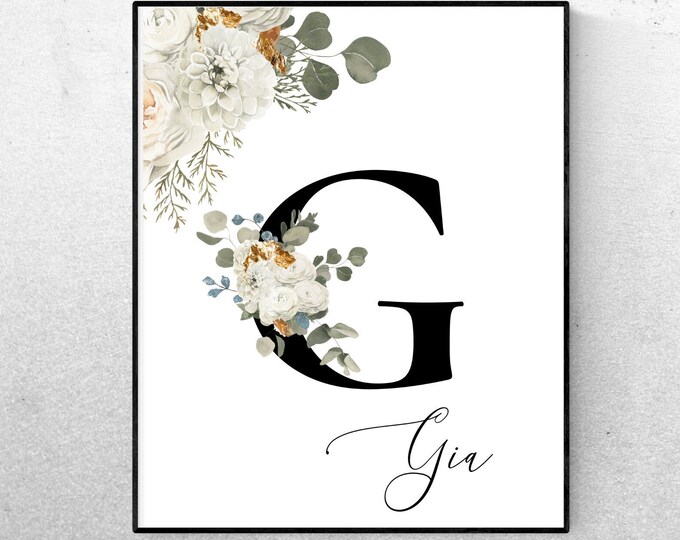 Custom Floral Printable Wall Art, Monogram Letter G Home Decor, Alphabet G Digital Print, Personalized Name Instant Download