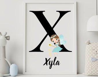 Personalized Gifts, Monogram Initial X with Fairy and Stars Digital Print, Kids Bedroom Wall Art Decor