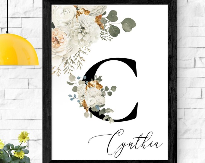 Printable Wall Art Monogram C, Personalized Gifts, Floral C Wall Hanging, Letter C Digital Print, Alphabet C Instant Download, Custom Names