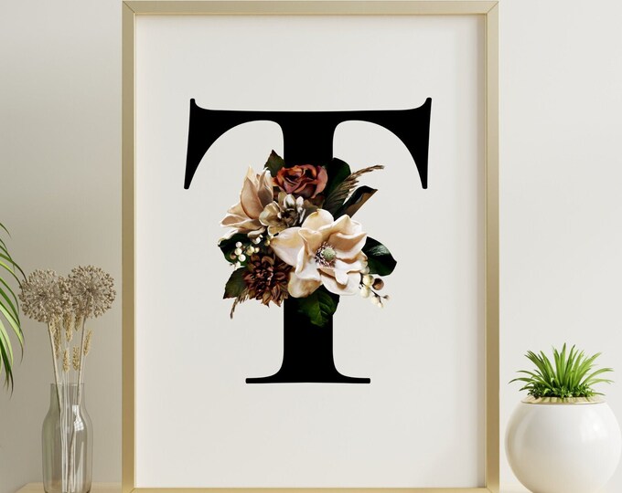 Printable Wall Art, Monogram Initial T with Magnolia Flowers, Digital Print