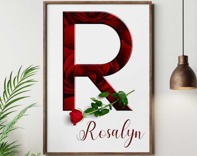 Personalized Gifts, Custom Names, Printable Wall Art Monogram, Floral Rose Letter R, Rose Letter R Wall Hanging, Rose Alphabet R Print