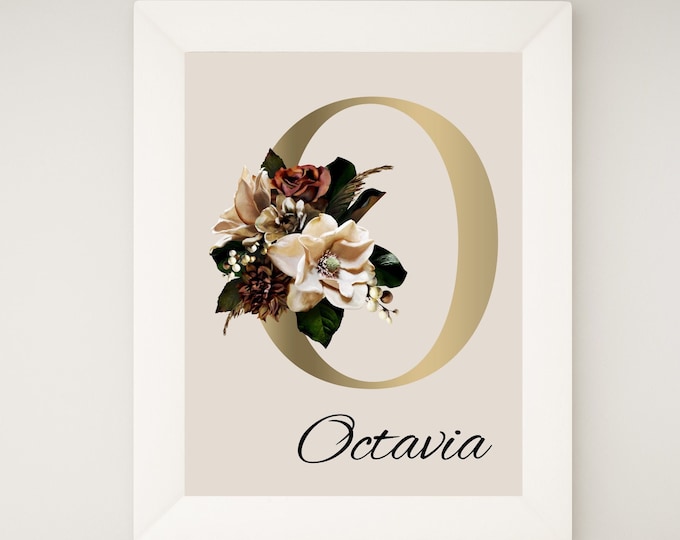 Custom Name Floral Monogram Letter O in Gold with Magnolia Flowers